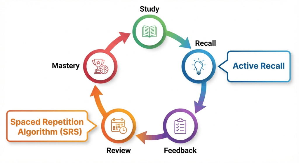 active recall and spaced repetition algorithm in digital flashcard apps