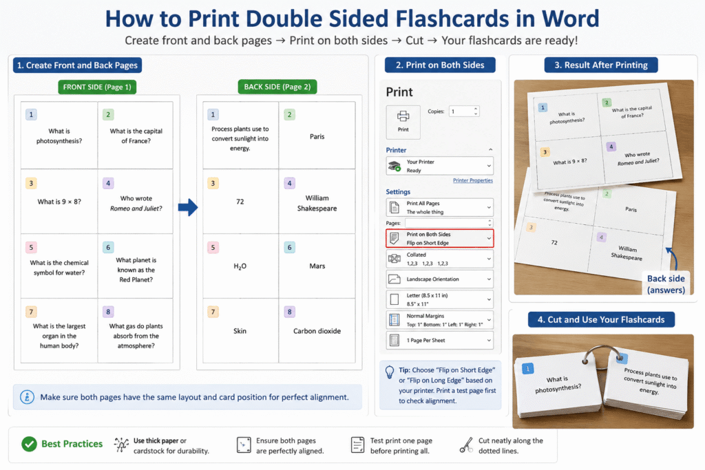 how to print double sided flashcards in Word