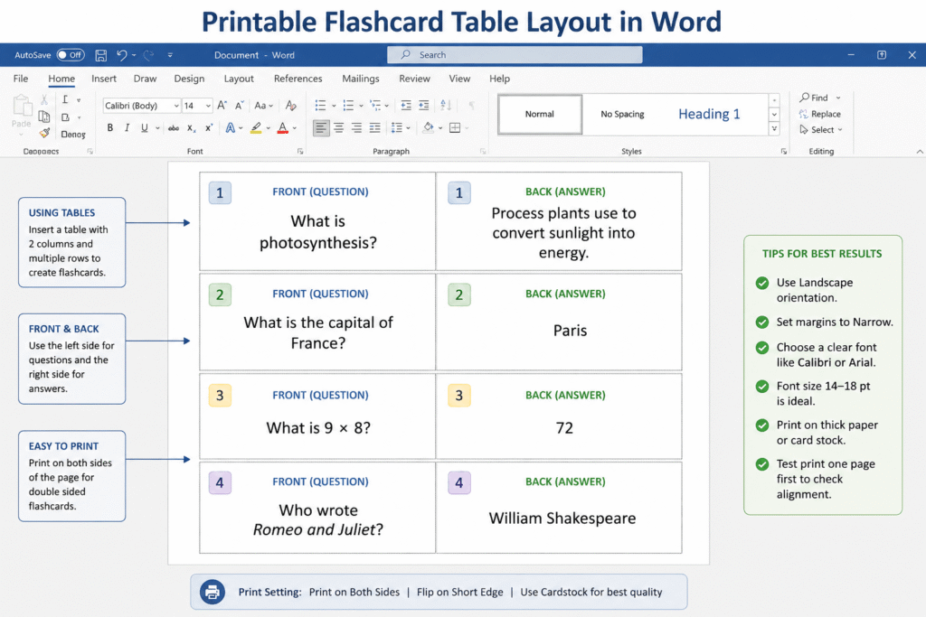 Printable Flashcard Table Layout Image