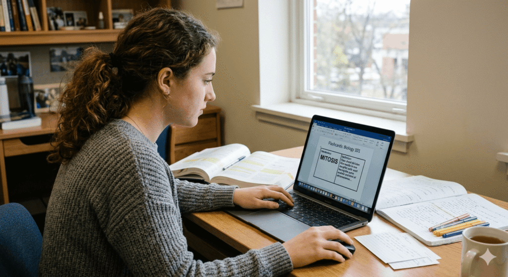 student creating flashcards on microsoft word