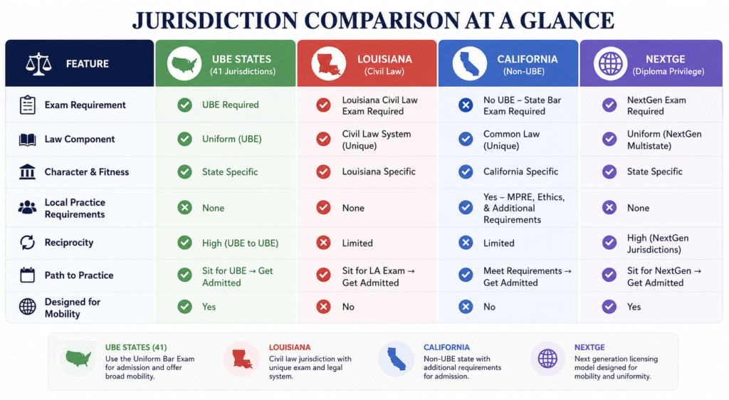 Bar exam length comparison by state including UBE, Louisiana, California, and NextGen format