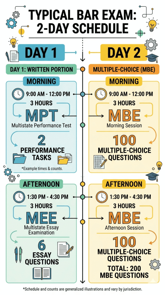Infographic showing how long is the law bar exam broken down by day and section