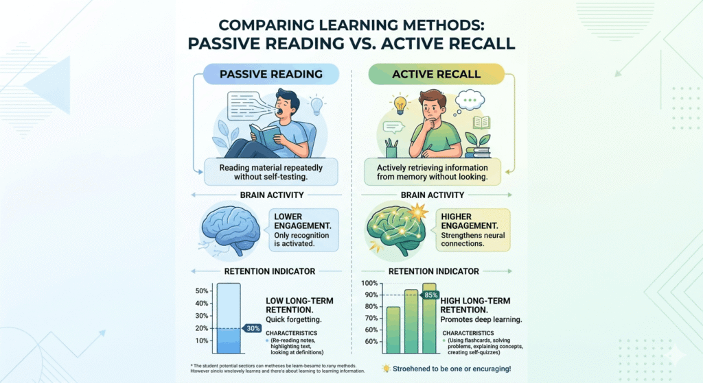 comparison chart of passive reading vs active recall for memorizing flashcards