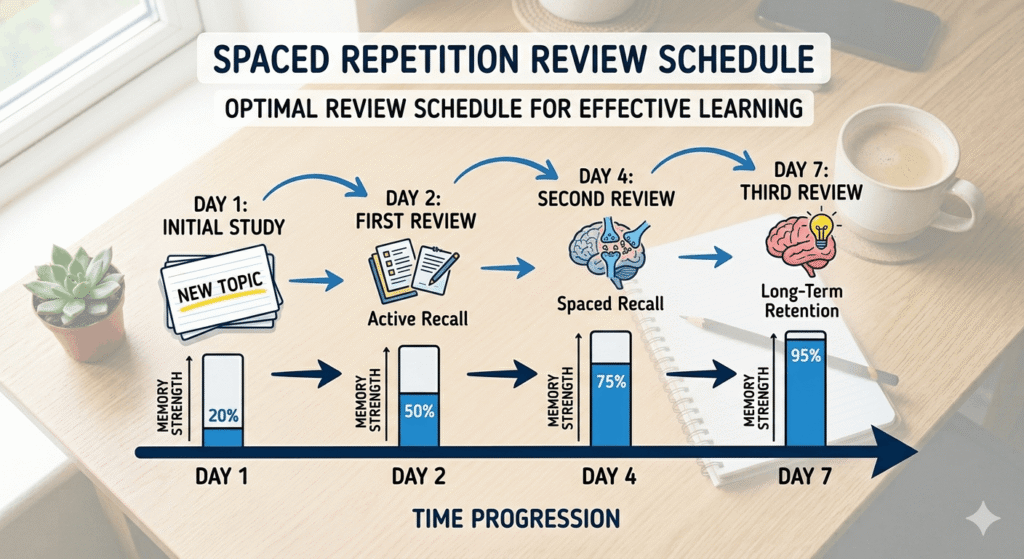 spaced repetition schedule infographic showing review intervals for flashcard memorization