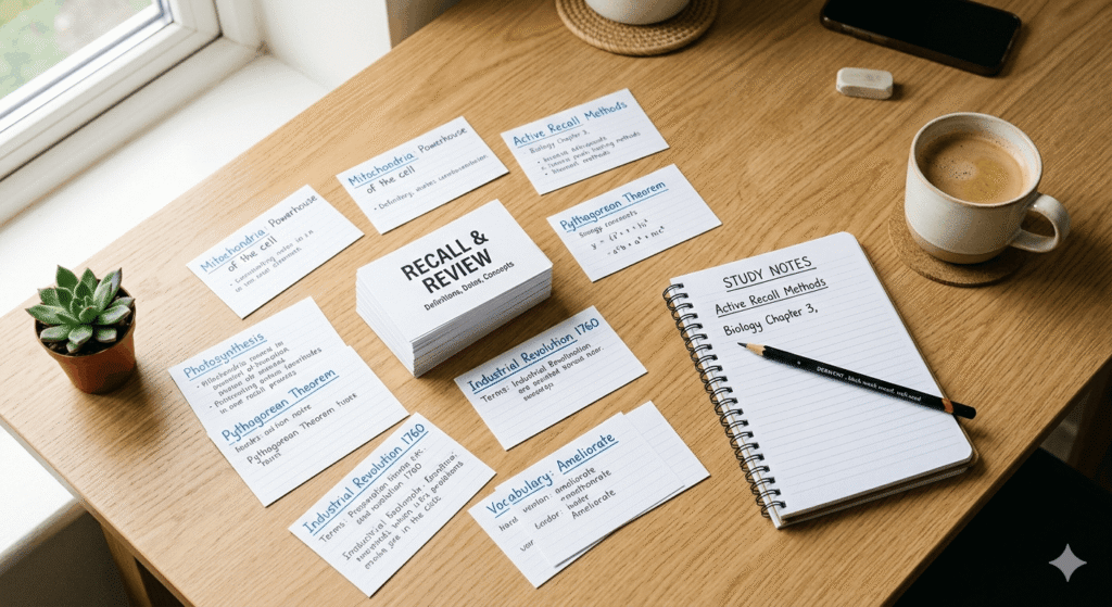 student studying with flashcards spread on a wooden desk